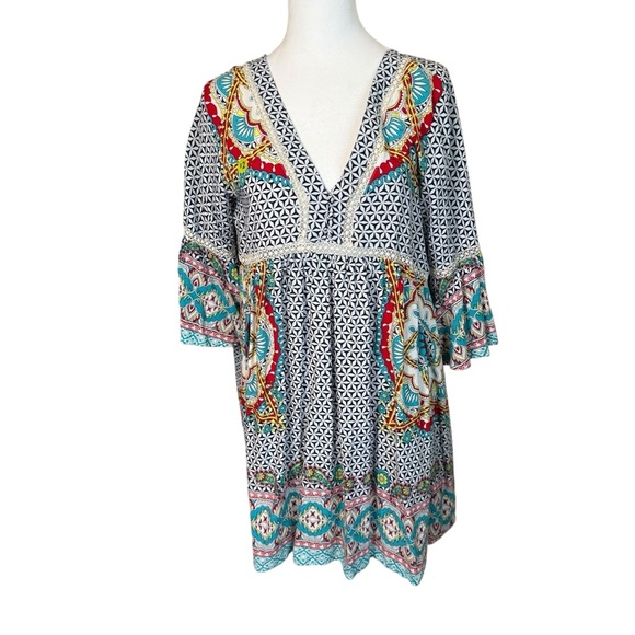 Umgee Boho Tunic Mixed Print Dress Small Lightweight V-Neck Geometric Bohemian - Picture 1 of 9